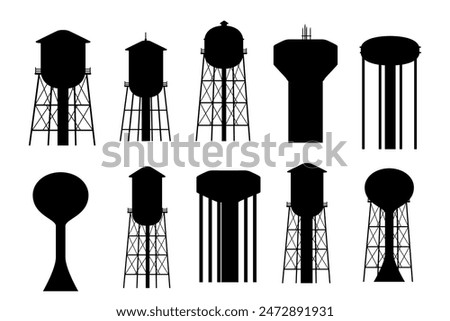 Black silhouette set of Metal water tower with oval water tank countryside water reservoir infrastructure vector illustration isolated on white background