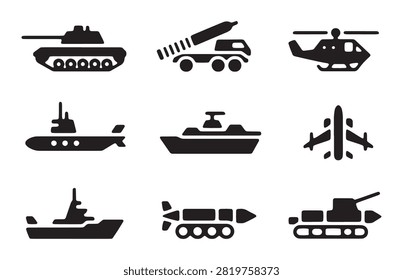 Black silhouette set of modern warfare vehicles naval craft and aerial combat assets for strategic planning.