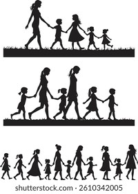 A black silhouette set of mothers and children walking and holding hands vector illustration