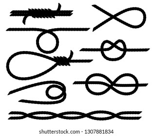 Black silhouette. Set of nautical rope knots. Strong marine rope knots. Flat vector illustration isolated on white background.