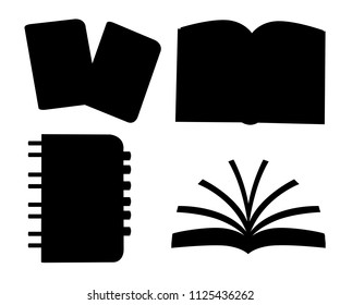 Black silhouette. Set of notebooks. Spiral and normal notebook. Flat vector illustration. Closed and opened notebooks. Flat vector illustration isolated on white background.