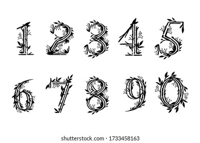 Black silhouette set of numbers 0 to 9 tree branches with leaves botanical flowers floral art design element flat vector illustration