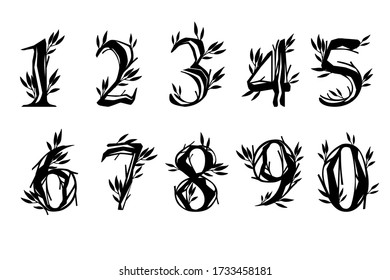 Black silhouette set of numbers 0 to 9 tree branches with leaves botanical flowers floral art design element flat vector illustration