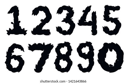 Black silhouette set of numbers. Cartoon flower font design. Number 0 to 9 with flowers and leaves. Flat vector illustration isolated on white background