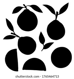 Black silhouette set of orange citrus fruit whole halved and sliced with leaves flat vector illustration on white background