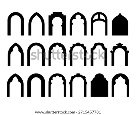 Black silhouette set of oriental and Islamic archways. Great for Middle Eastern designs, mosque illustrations, wedding cards, and cultural architectural projects.