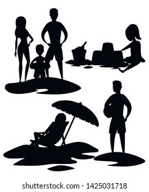 Black silhouette set of people on the beach. People stands on sand. Beautiful women, man and boy in swimsuits. Cartoon character design. Flat vector illustration on white background