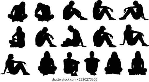 Black silhouette set of people sitting crosslegged in various relaxed and contemplative poses on white background