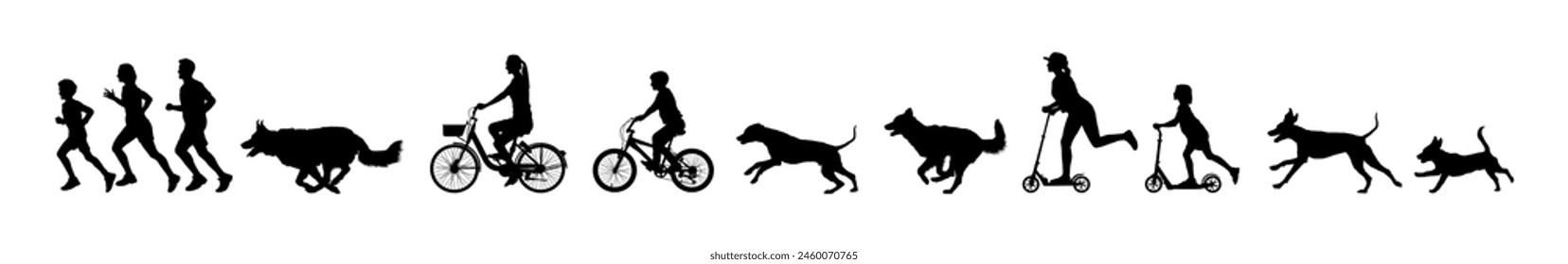 Black silhouette set of people sport activities outdoors with dogs vector illustration. People running cycling and riding scooter with dogs vector silhouettes.	