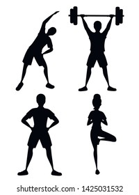 Black silhouette set of people in sportswear doing fitness and strength exercising. Cartoon character design. Flat vector illustration