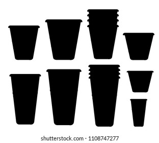 Black silhouette. Set of plastic cups. Transparent disposable cups of different sizes. Empty glasses and with water. Vector illustration isolated on white background.