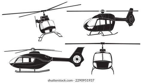 Black silhouette Set of Realistic Helicopter isolated on white background. Vector illustration