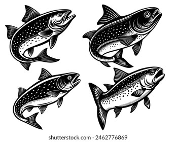 Black silhouette set of salmon fish