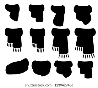 Black silhouette. Set of scarves for boys and girls in cold weather. Winter style clothes. Scarves with different pattern. Flat vector illustration isolated on white background.
