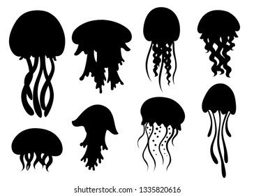 Black silhouette. Set of Sea jellyfish. Tropical underwater animal. Medusa aquatic organism, cartoon style design. Flat vector illustration isolated on white background.