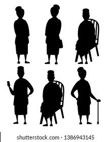 Black silhouette. Set of Senior Woman in casual clothes. Old women in different situations. Grandmother standing. Cartoon character design. Flat vector illustration isolated on white background.