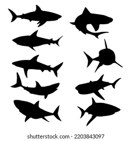 Black silhouette set of shark with mouth closed in different poses Shark with mouth closed giant apex predator cartoon animal design flat vector illustration isolated on white background