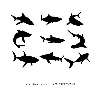 Black silhouette set of shark with mouth closed in different poses Shark with mouth closed giant apex predator cartoon animal design flat vector illustration isolated on white background