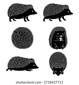 Black silhouette set of small hedgehogs with quills and spikes.