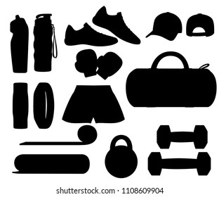 Black silhouette. Set of sports accessories and clothes. Icons for classes in the gym. Vector illustration isolated on white background.