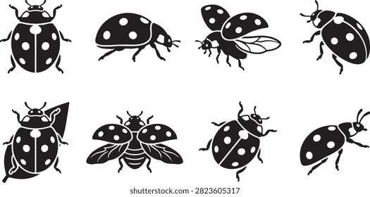 Black silhouette set of spotted ladybugs and flying ladybeetles