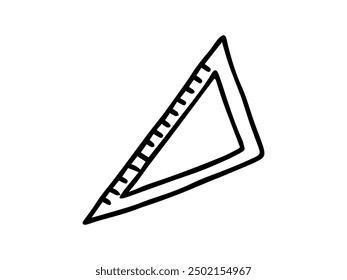 Black silhouette of a set square isolated on a white background. Concept of geometric tool, school supplies, educational instrument, minimalist drawing aid. Print, icon, design element.