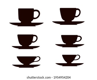 Black silhouette set tea or coffee cup on saucer vector illustration on white background