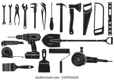 Silueta negra de un conjunto de herramientas para reparaciones en la casa aislada en un fondo blanco. Herramienta de reparación. ilustración vectorial