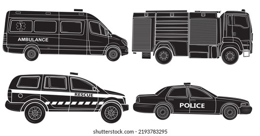 Black silhouette from the set of Vehicles of various emergency services vehicle vector illustration. Police, ambulance, fire brigade, rescuers isolated on white background