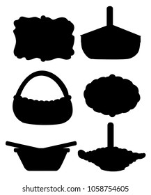 black silhouette. Set of wicker baskets. View from different angles. Vector illustration isolated on white background. Website page and mobile app design.