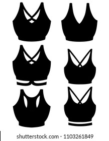 Black silhouette. Set of women sport bra. Women sport clothes collection. Training top. Flat vector illustration isolated on white background.