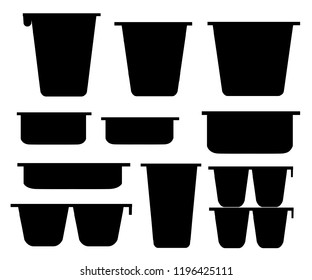 Black silhouette. Set of yogurt containers. Template packaging for yogurt and mousse. Plastic pot. Flat vector illustration isolated on white background.