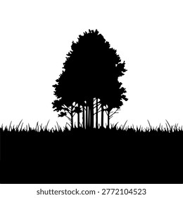 A black silhouette of several trees standing together, with a silhouette of grass in front.