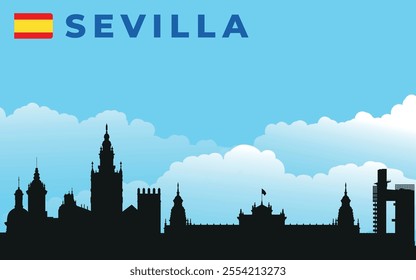 Black silhouette of Sevilla city skyline with text and flag. Vector on the background of blue sky and white clouds