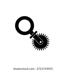 Schwarze Silhouette eines Nähmusterrad-Tools auf weißem Hintergrund.