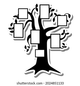 Black silhouette shadow tree with frame on white silhouette and gray shadow. Vector illustration for decorate logo, text, greeting cards and any design.