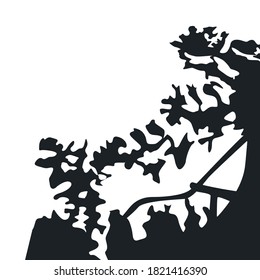 Black silhouette shadows from trees and branches. Shadow for overlay. Branches and leaves, flat outline of plants on a white background.