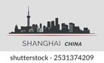 Black silhouette of the Shanghai skyline. Emphasized by a red line. Silhouettes of buildings. Vector on a gray background