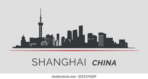 Silueta negra del horizonte de Shanghai. Enfatizado por una línea roja. Siluetas de edificios. Vector sobre un fondo gris