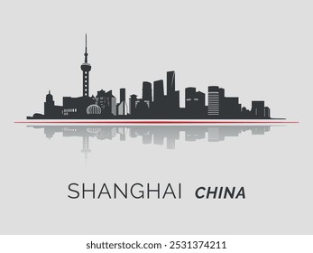 Silueta negra del horizonte de Shanghai. Enfatizado por una línea roja. Siluetas de edificios. Vector sobre un fondo gris