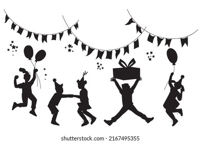 Silueta negra de formas de niños celebrando fiesta de cumpleaños entre globos. Niños y niñas con sombreros de cumpleaños contorno de forma negra, ilustración vectorial aislada en fondo blanco.