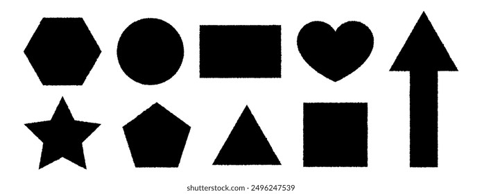 Black silhouette shapes isolated on white background. Set of rough torn paper different geometric shapes with ragged edges. Shapes with rough effect: heart, round, square, arrow, star and triangle