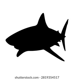 A black silhouette of a shark in motion, showcasing its streamlined body and distinctive fins against a plain background.