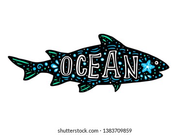 Black silhouette of shark on a white background and lettering. Nature and sea life concept. Hand drawn vector illustration