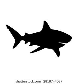 A black silhouette of a shark swimming, capturing the dynamic and powerful presence of this marine predator in its natural habitat.