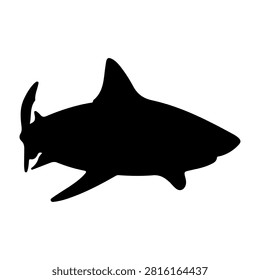 A black silhouette of a shark swimming, emphasizing marine life and oceanic predators in a minimalistic style.