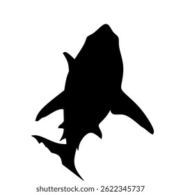 Black silhouette of a shark in swimming position, bold vector style ideal for marine, danger, and underwater designs.