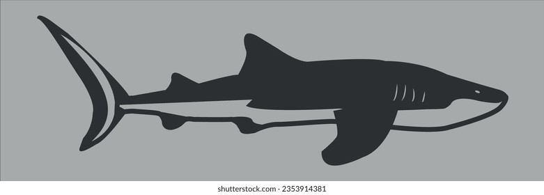 La silueta negra de un tiburón. Icono del vector sobre un fondo gris