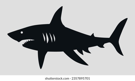 La silueta negra de un tiburón. Icono del vector sobre un fondo gris	