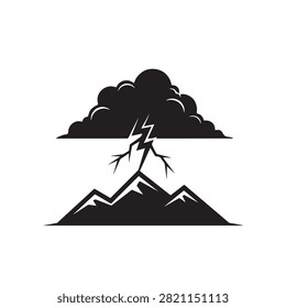 Black silhouette of a sharp mountain peak struck by a lightning bolt from a dark storm cloud, isolated on a white background, for weather